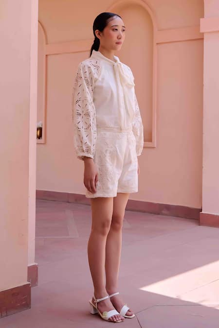 OurDve Beige Cotton Cut Work, Embroidery Floral Top With Shorts at Aza Fashions OurDve_Beige Cotton Cut Work, Embroidery Floral Top With Shorts _at_Aza_Fashions