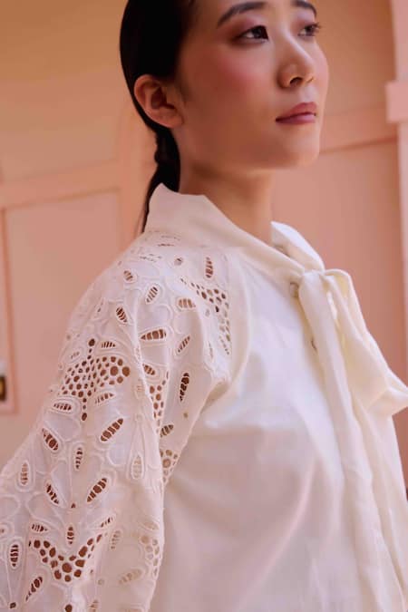 Buy OurDve Beige Cotton Cut Work, Embroidery Floral Top With Shorts Buy_OurDve_Beige Cotton Cut Work, Embroidery Floral Top With Shorts