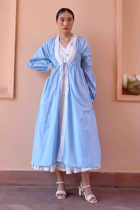 OurDve_Blue Cotton, Chanderi V-, Open Ruched Jacket With Floral Print Dress _Online_at_Aza_Fashions