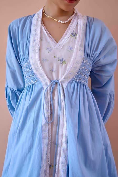 Buy_OurDve_Blue Cotton, Chanderi V-, Open Ruched Jacket With Floral Print Dress _Online_at_Aza_Fashions