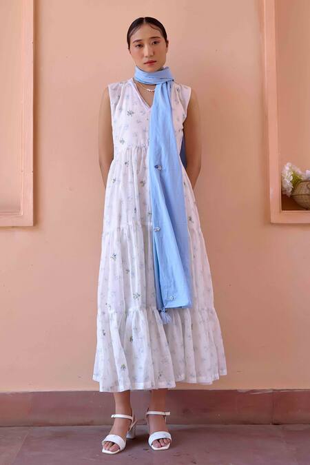 Shop_OurDve_Blue Cotton, Chanderi V-, Open Ruched Jacket With Floral Print Dress _Online_at_Aza_Fashions