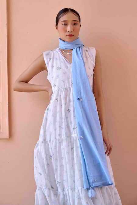 OurDve_Blue Cotton, Chanderi V-, Open Ruched Jacket With Floral Print Dress _at_Aza_Fashions