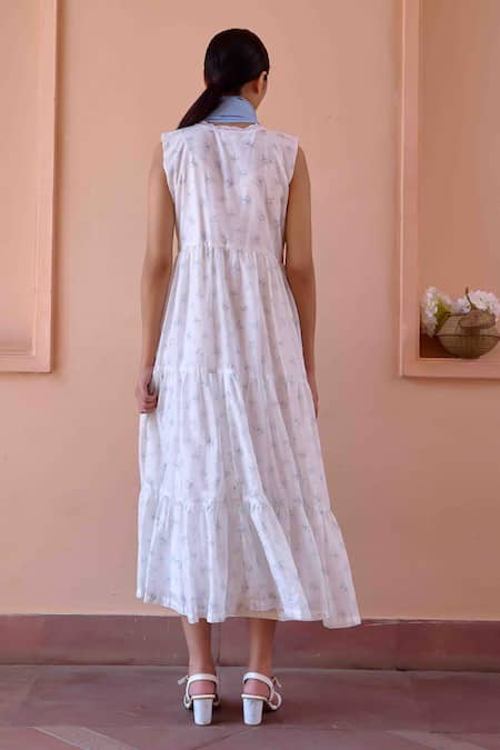 Buy_OurDve_Blue Cotton, Chanderi V-, Open Ruched Jacket With Floral Print Dress 