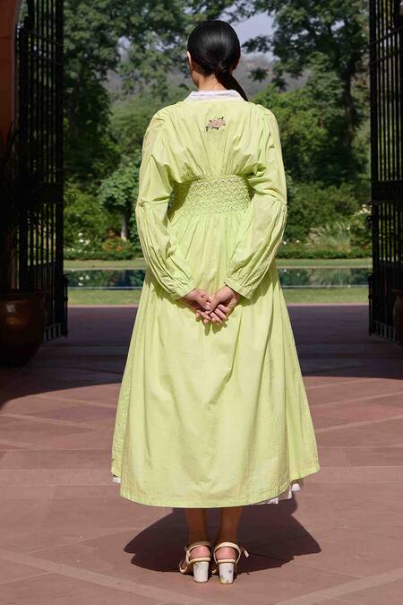 Shop_Ourdve_Green Cotton, Chanderi Embroidery Open Neck, Ruched Jacket With Dress _at_Aza_Fashions