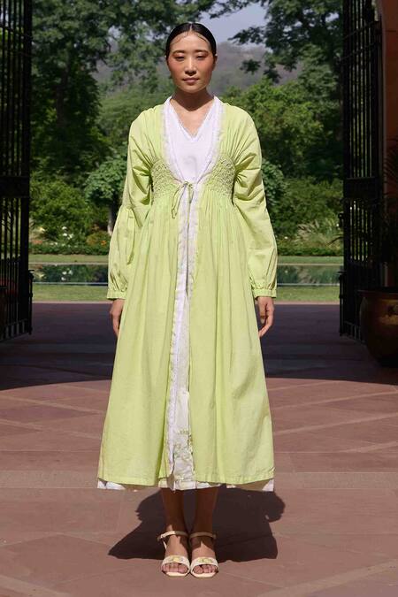 Ourdve_Green Cotton, Chanderi Embroidery Open Neck, Ruched Jacket With Dress _Online_at_Aza_Fashions