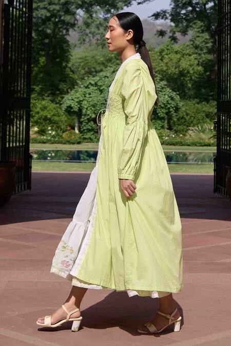 Buy_Ourdve_Green Cotton, Chanderi Embroidery Open Neck, Ruched Jacket With Dress _Online_at_Aza_Fashions