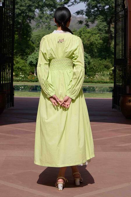 Shop_Ourdve_Green Cotton, Chanderi Embroidery Open Neck, Ruched Jacket With Dress _Online_at_Aza_Fashions