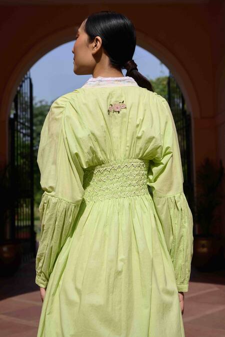 Ourdve_Green Cotton, Chanderi Embroidery Open Neck, Ruched Jacket With Dress _at_Aza_Fashions