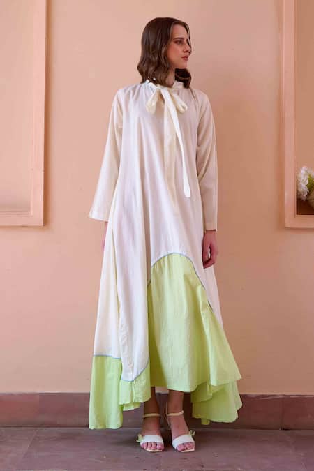 Ourdve Beige Cotton Collared Ruby Color Block Dress Online at Aza Fashions Ourdve_Beige Cotton Collared Ruby Color Block Dress _Online_at_Aza_Fashions