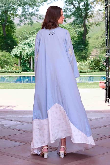 Shop OurDve Blue Cotton Embroidery Bandeau Neck Ruby Asymmetric Color Block Dress at Aza Fashions Shop_OurDve_Blue Cotton Embroidery Bandeau Neck Ruby Asymmetric Color Block Dress _at_Aza_Fashions