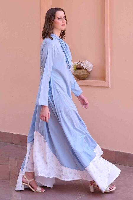 Buy OurDve Blue Cotton Embroidery Bandeau Neck Ruby Asymmetric Color Block Dress Online at Aza Fashions Buy_OurDve_Blue Cotton Embroidery Bandeau Neck Ruby Asymmetric Color Block Dress _Online_at_Aza_Fashions