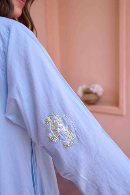 Shop OurDve Blue Cotton Embroidery Bandeau Neck Ruby Asymmetric Color Block Dress Online at Aza Fashions Shop_OurDve_Blue Cotton Embroidery Bandeau Neck Ruby Asymmetric Color Block Dress _Online_at_Aza_Fashions