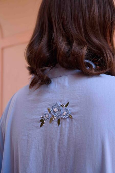 OurDve Blue Cotton Embroidery Bandeau Neck Ruby Asymmetric Color Block Dress at Aza Fashions OurDve_Blue Cotton Embroidery Bandeau Neck Ruby Asymmetric Color Block Dress _at_Aza_Fashions