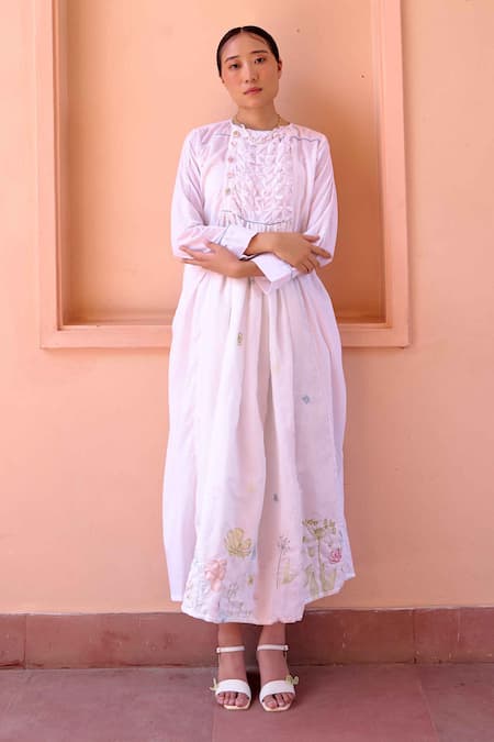 OurDve White Cotton, Chanderi Embroidery Round Neck Zeno Smocked Placket Dress Online at Aza Fashions OurDve_White Cotton, Chanderi Embroidery Round Neck Zeno Smocked Placket Dress _Online_at_Aza_Fashions