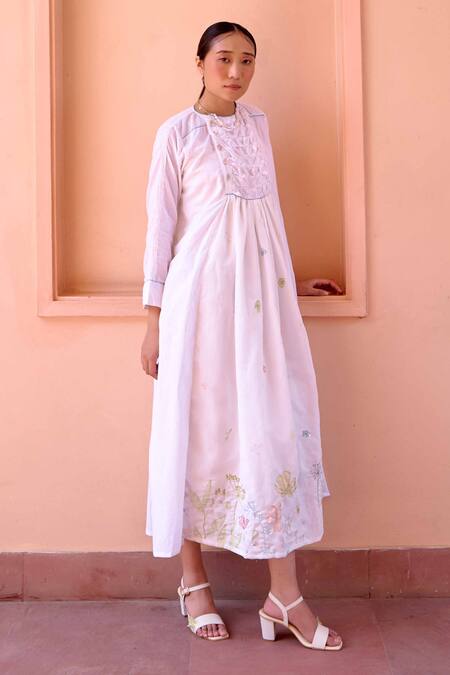 Buy OurDve White Cotton, Chanderi Embroidery Round Neck Zeno Smocked Placket Dress Online at Aza Fashions Buy_OurDve_White Cotton, Chanderi Embroidery Round Neck Zeno Smocked Placket Dress _Online_at_Aza_Fashions