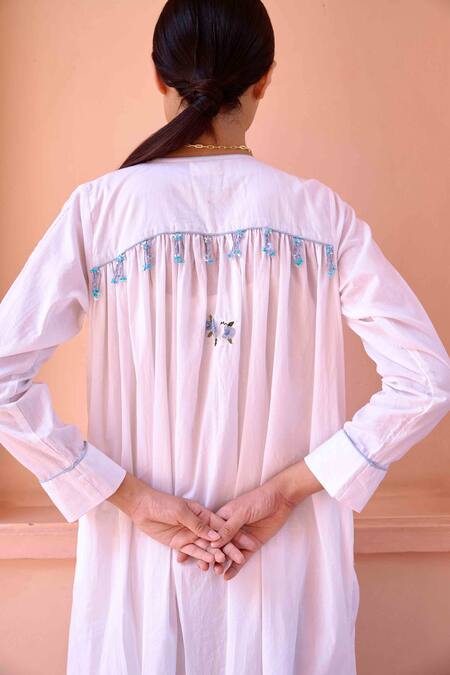 OurDve White Cotton, Chanderi Embroidery Round Neck Zeno Smocked Placket Dress at Aza Fashions OurDve_White Cotton, Chanderi Embroidery Round Neck Zeno Smocked Placket Dress _at_Aza_Fashions