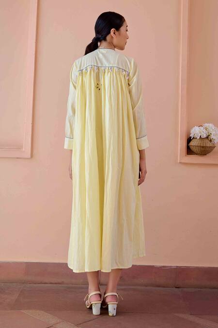 Shop OurDve Yellow Cotton, Chanderi Round Neck Zeno Lemon Print Dress at Aza Fashions Shop_OurDve_Yellow Cotton, Chanderi Round Neck Zeno Lemon Print Dress _at_Aza_Fashions