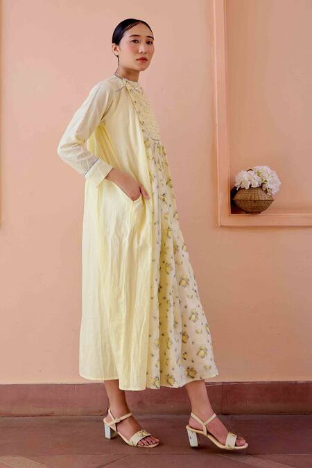 Buy OurDve Yellow Cotton, Chanderi Round Neck Zeno Lemon Print Dress Online at Aza Fashions Buy_OurDve_Yellow Cotton, Chanderi Round Neck Zeno Lemon Print Dress _Online_at_Aza_Fashions
