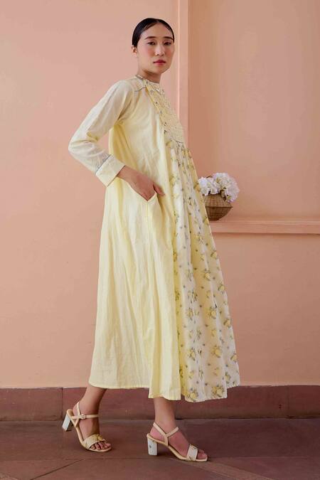 Shop OurDve Yellow Cotton, Chanderi Round Neck Zeno Lemon Print Dress Online at Aza Fashions Shop_OurDve_Yellow Cotton, Chanderi Round Neck Zeno Lemon Print Dress _Online_at_Aza_Fashions