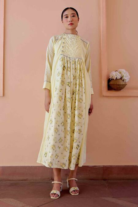 OurDve Yellow Cotton, Chanderi Round Neck Zeno Lemon Print Dress at Aza Fashions OurDve_Yellow Cotton, Chanderi Round Neck Zeno Lemon Print Dress _at_Aza_Fashions