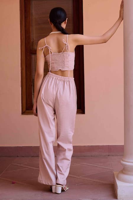 Shop OurDve Pink Cotton Embroidery Sweetheart Neck Alfie Applique Crop Top With Pant at Aza Fashions Shop_OurDve_Pink Cotton Embroidery Sweetheart Neck Alfie Applique Crop Top With Pant _at_Aza_Fashions