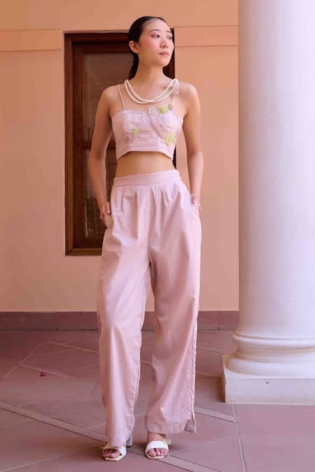 OurDve Pink Cotton Embroidery Sweetheart Neck Alfie Applique Crop Top With Pant Online at Aza Fashions OurDve_Pink Cotton Embroidery Sweetheart Neck Alfie Applique Crop Top With Pant _Online_at_Aza_Fashions