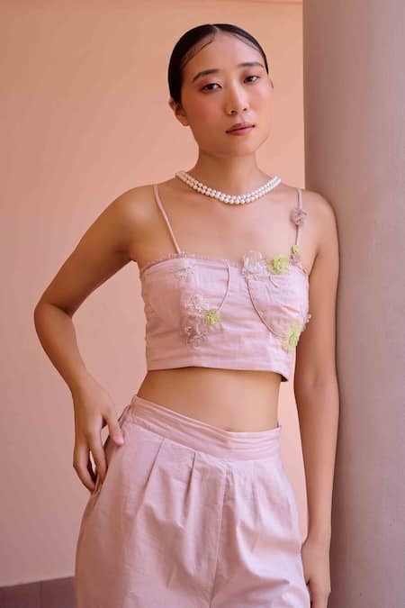 Buy OurDve Pink Cotton Embroidery Sweetheart Neck Alfie Applique Crop Top With Pant Online at Aza Fashions Buy_OurDve_Pink Cotton Embroidery Sweetheart Neck Alfie Applique Crop Top With Pant _Online_at_Aza_Fashions