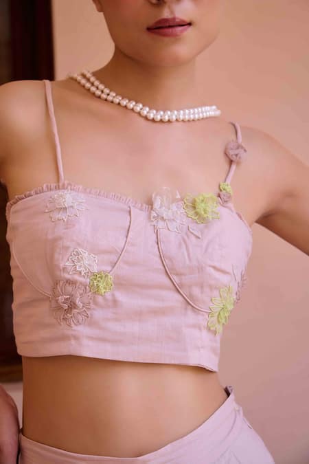 Shop OurDve Pink Cotton Embroidery Sweetheart Neck Alfie Applique Crop Top With Pant Online at Aza Fashions Shop_OurDve_Pink Cotton Embroidery Sweetheart Neck Alfie Applique Crop Top With Pant _Online_at_Aza_Fashions