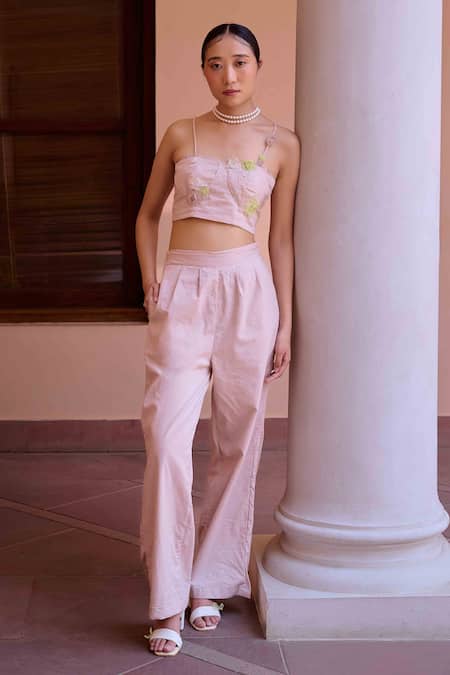 OurDve Pink Cotton Embroidery Sweetheart Neck Alfie Applique Crop Top With Pant at Aza Fashions OurDve_Pink Cotton Embroidery Sweetheart Neck Alfie Applique Crop Top With Pant _at_Aza_Fashions