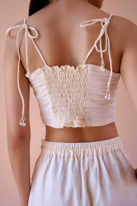 OurDve_Beige Cotton Embroidery Sweetheart Neck Alfie Floral Applique Crop Top With Pant _Online_at_Aza_Fashions