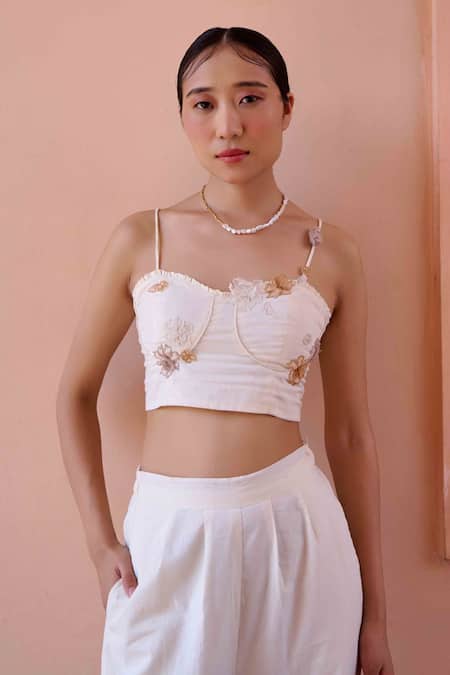 Buy_OurDve_Beige Cotton Embroidery Sweetheart Neck Alfie Floral Applique Crop Top With Pant _Online_at_Aza_Fashions