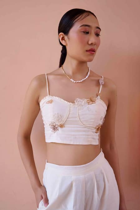 Shop_OurDve_Beige Cotton Embroidery Sweetheart Neck Alfie Floral Applique Crop Top With Pant _Online_at_Aza_Fashions