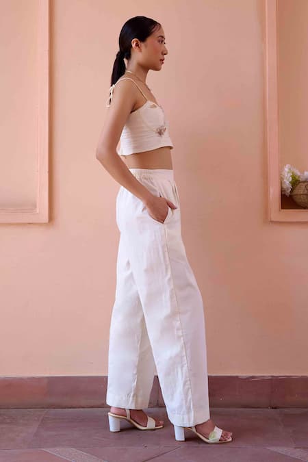 OurDve_Beige Cotton Embroidery Sweetheart Neck Alfie Floral Applique Crop Top With Pant _at_Aza_Fashions