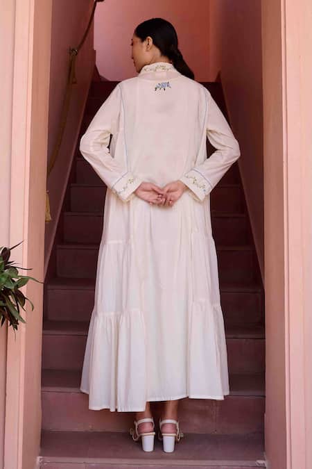 Shop OurDve Beige Cotton Embroidery Round Neck Dress And Jacket Set at Aza Fashions Shop_OurDve_Beige Cotton Embroidery Round Neck Dress And Jacket Set _at_Aza_Fashions