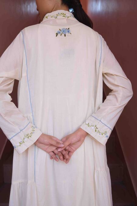 OurDve Beige Cotton Embroidery Round Neck Dress And Jacket Set Online at Aza Fashions OurDve_Beige Cotton Embroidery Round Neck Dress And Jacket Set _Online_at_Aza_Fashions