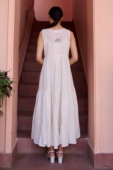 Shop OurDve Beige Cotton Embroidery Round Neck Dress And Jacket Set Online at Aza Fashions Shop_OurDve_Beige Cotton Embroidery Round Neck Dress And Jacket Set _Online_at_Aza_Fashions