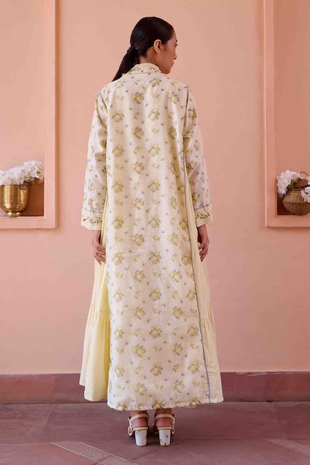 Ourdve_Yellow Cotton Embroidered Floral Jacket Shawl Amily Lemon Print With Dress _Online_at_Aza_Fashions