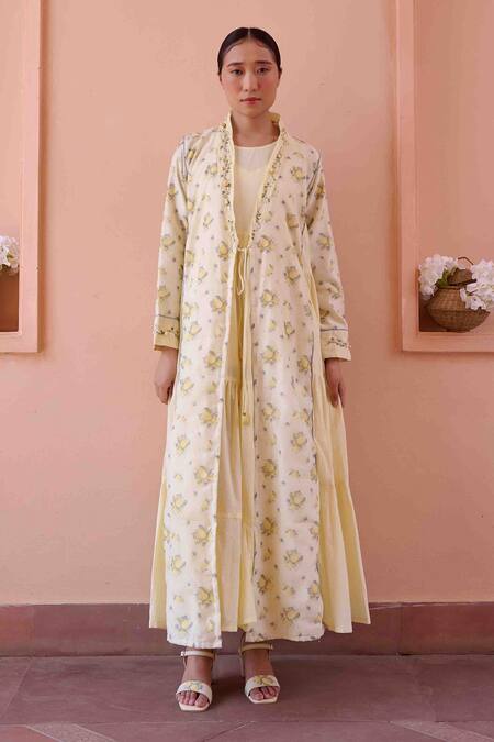 Buy_Ourdve_Yellow Cotton Embroidered Floral Jacket Shawl Amily Lemon Print With Dress _Online_at_Aza_Fashions