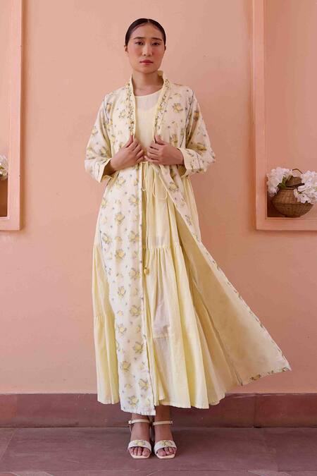 Shop_Ourdve_Yellow Cotton Embroidered Floral Jacket Shawl Amily Lemon Print With Dress _Online_at_Aza_Fashions