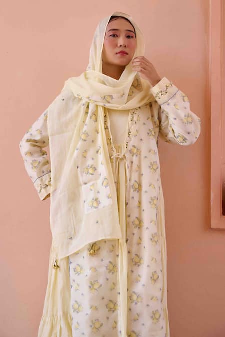 Ourdve_Yellow Cotton Embroidered Floral Jacket Shawl Amily Lemon Print With Dress _at_Aza_Fashions