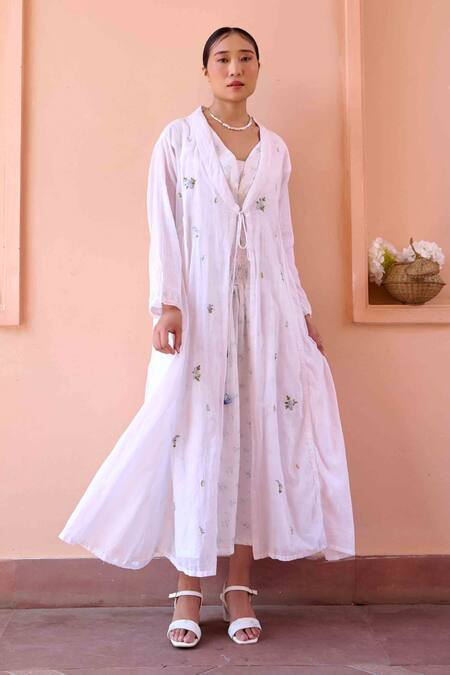 OurDve_White Cotton, Chanderi Embroidery Shawl Neck, Anine Jacket With Smocked Dress _Online_at_Aza_Fashions