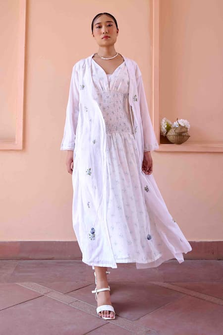 Buy_OurDve_White Cotton, Chanderi Embroidery Shawl Neck, Anine Jacket With Smocked Dress _Online_at_Aza_Fashions