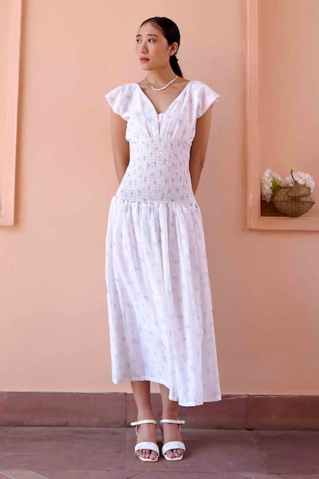 Shop_OurDve_White Cotton, Chanderi Embroidery Shawl Neck, Anine Jacket With Smocked Dress _Online_at_Aza_Fashions