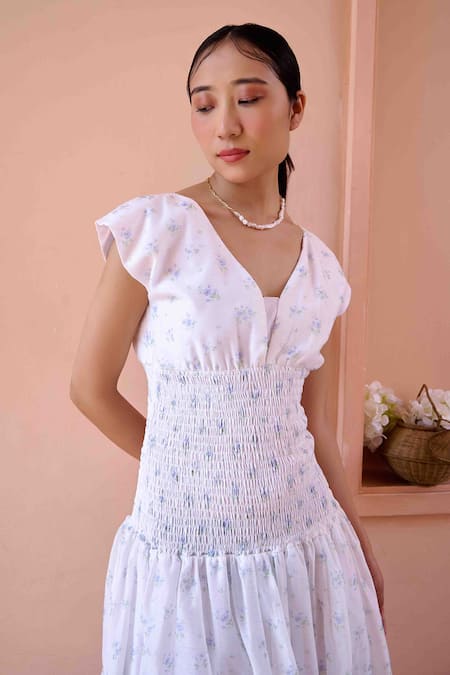 OurDve_White Cotton, Chanderi Embroidery Shawl Neck, Anine Jacket With Smocked Dress _at_Aza_Fashions