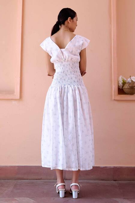 Buy_OurDve_White Cotton, Chanderi Embroidery Shawl Neck, Anine Jacket With Smocked Dress 