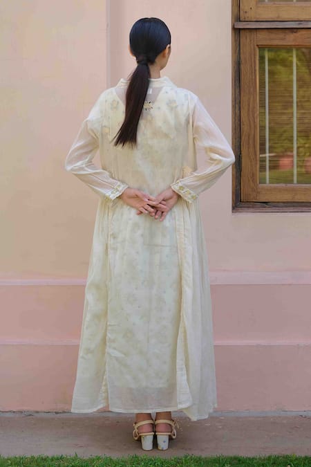 Shop OurDve Beige Cotton, Chanderi Embroidery V-neck, Round Anine Lemon Jacket With Dress at Aza Fashions Shop_OurDve_Beige Cotton, Chanderi Embroidery V-neck, Round Anine Lemon Jacket With Dress _at_Aza_Fashions