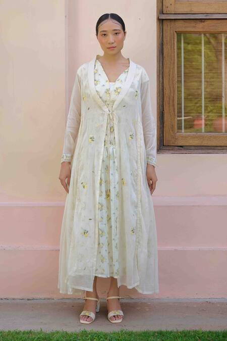 OurDve Beige Cotton, Chanderi Embroidery V-neck, Round Anine Lemon Jacket With Dress Online at Aza Fashions OurDve_Beige Cotton, Chanderi Embroidery V-neck, Round Anine Lemon Jacket With Dress _Online_at_Aza_Fashions