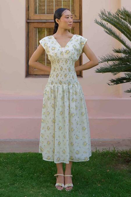 Shop OurDve Beige Cotton, Chanderi Embroidery V-neck, Round Anine Lemon Jacket With Dress Online at Aza Fashions Shop_OurDve_Beige Cotton, Chanderi Embroidery V-neck, Round Anine Lemon Jacket With Dress _Online_at_Aza_Fashions