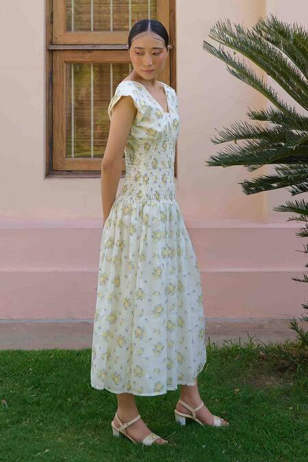 OurDve Beige Cotton, Chanderi Embroidery V-neck, Round Anine Lemon Jacket With Dress at Aza Fashions OurDve_Beige Cotton, Chanderi Embroidery V-neck, Round Anine Lemon Jacket With Dress _at_Aza_Fashions