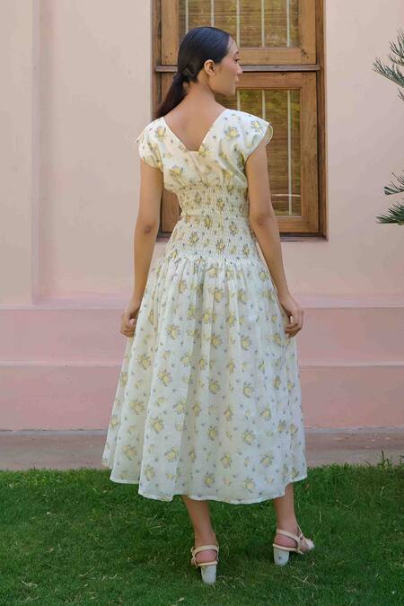 Buy OurDve Beige Cotton, Chanderi Embroidery V-neck, Round Anine Lemon Jacket With Dress Buy_OurDve_Beige Cotton, Chanderi Embroidery V-neck, Round Anine Lemon Jacket With Dress